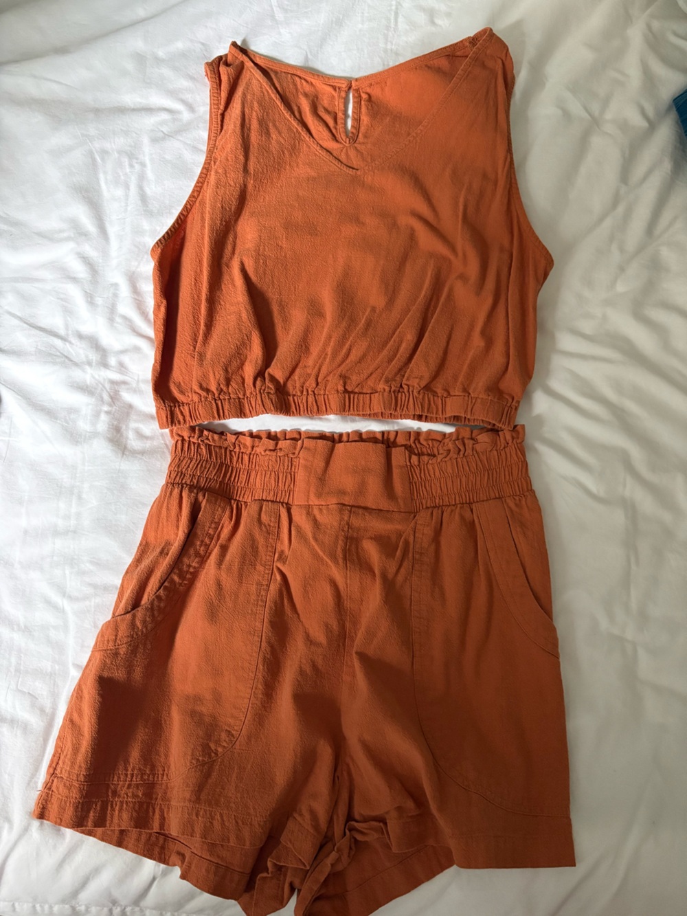 v-neck Rust Orange Two-Piece Crop Top & High-Waist Shorts Set